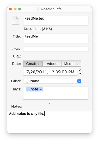 The Info inspector lets you add metadata such as tags, notes, and colored labels.