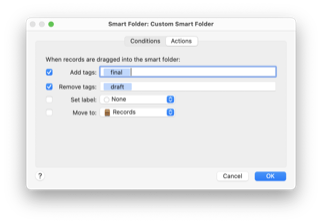 Assign actions that EagleFiler will apply when you drag and drop onto a smart folder