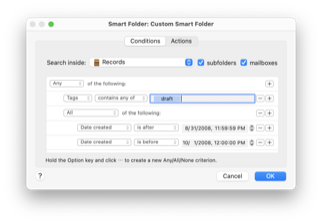 Smart folders can have nested conditions and actions.