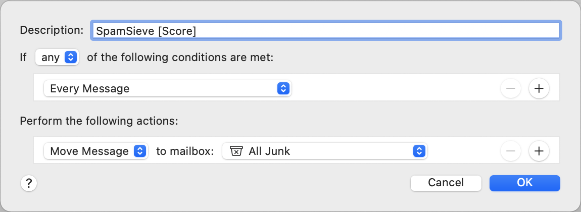 mac mail rule before spamsieve