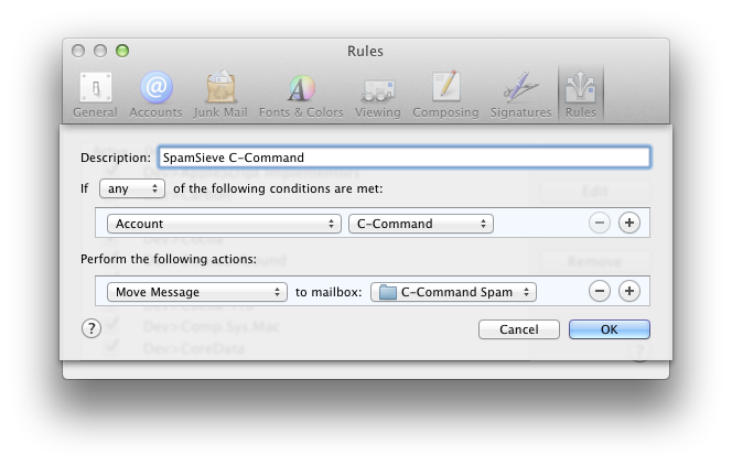 apple mail rule per account spam mailbox