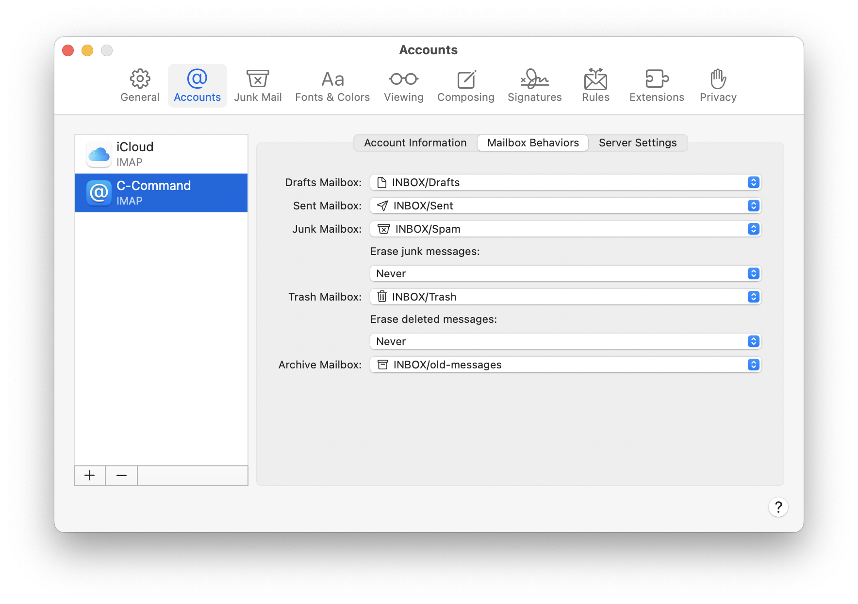 apple mail settings accounts mailbox behaviors