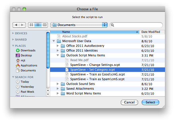 outlook for mac 2016 set applescript to run