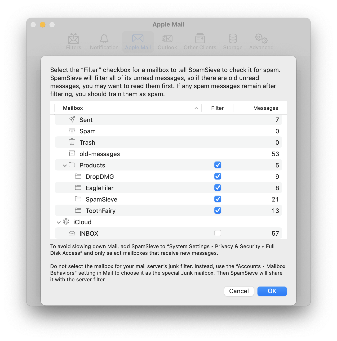 settings apple mail select mailboxes to filter