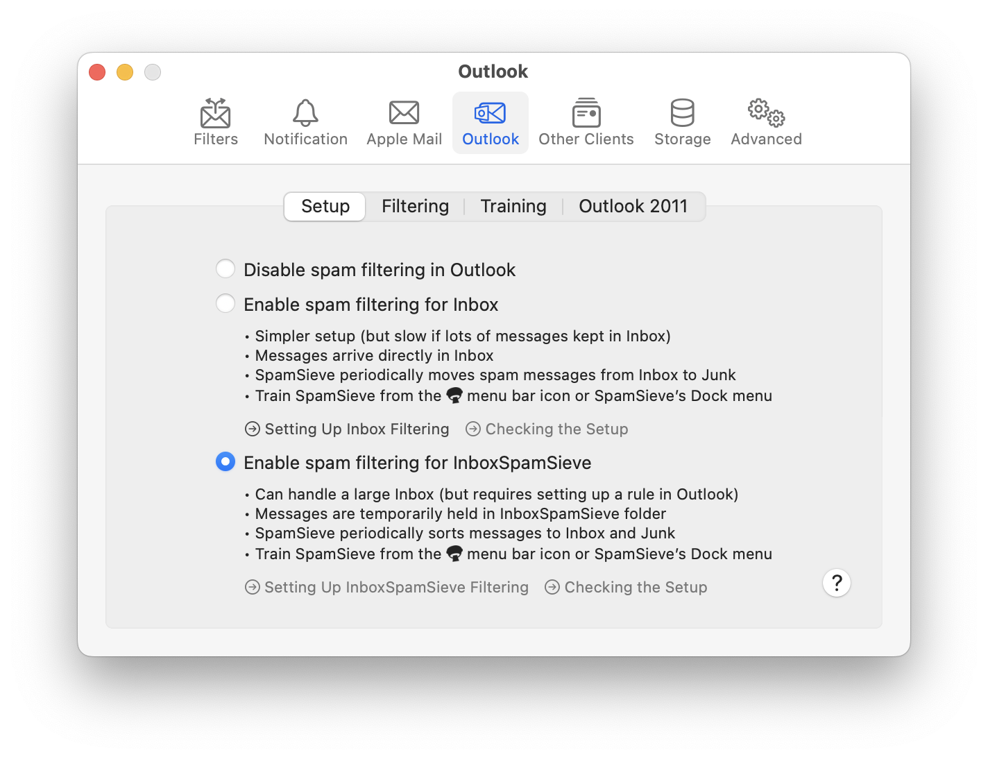 settings outlook setup inboxspamsieve