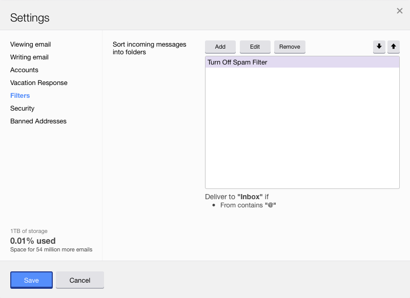yahoo mail classic settings filters