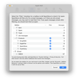 Settings: Select Apple Mail Mailboxes to Filter