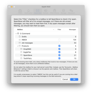 Settings: Select Apple Mail Mailboxes to Filter