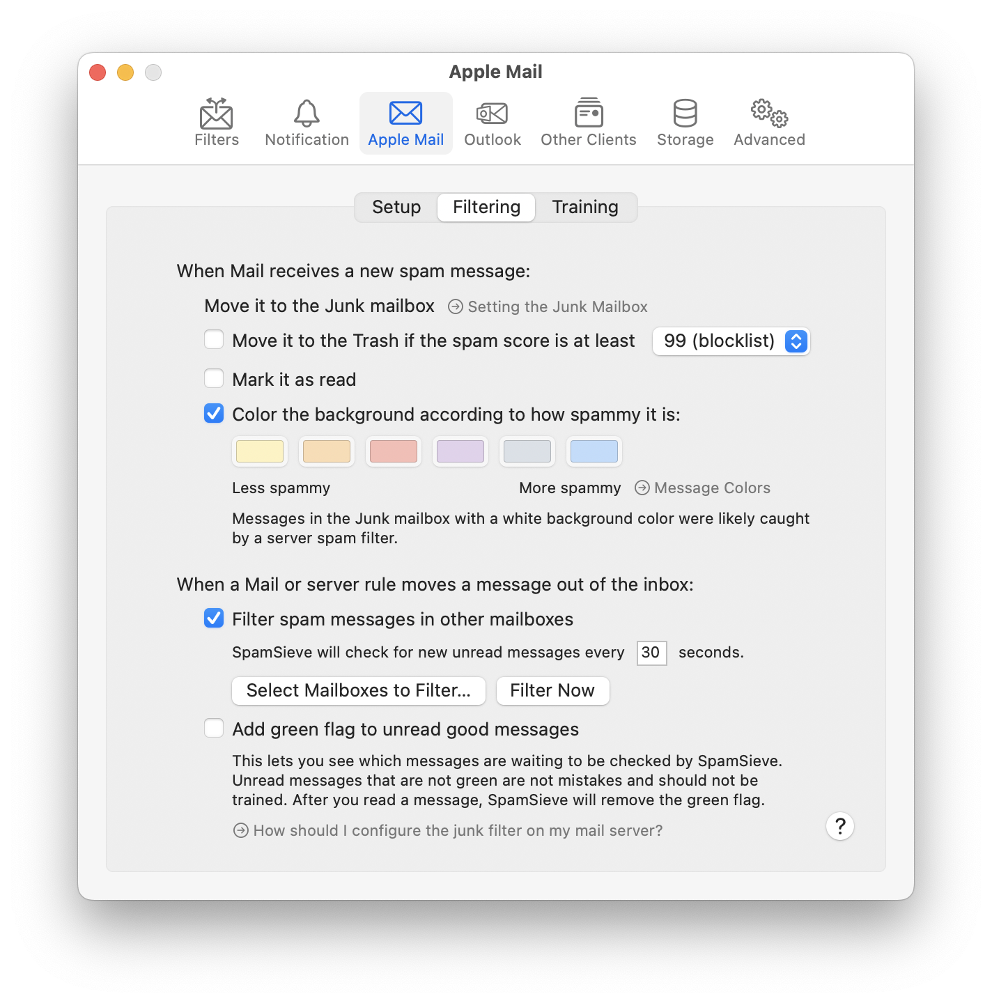 settings apple mail filtering