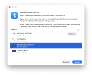 Select a Bluetooth device for use with ToothFairy.